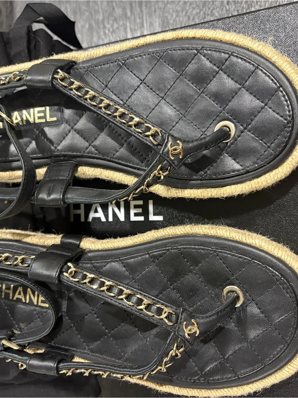 CHANEL Black Quilted Leather Thong Espadrille Sandals with Gold Chain